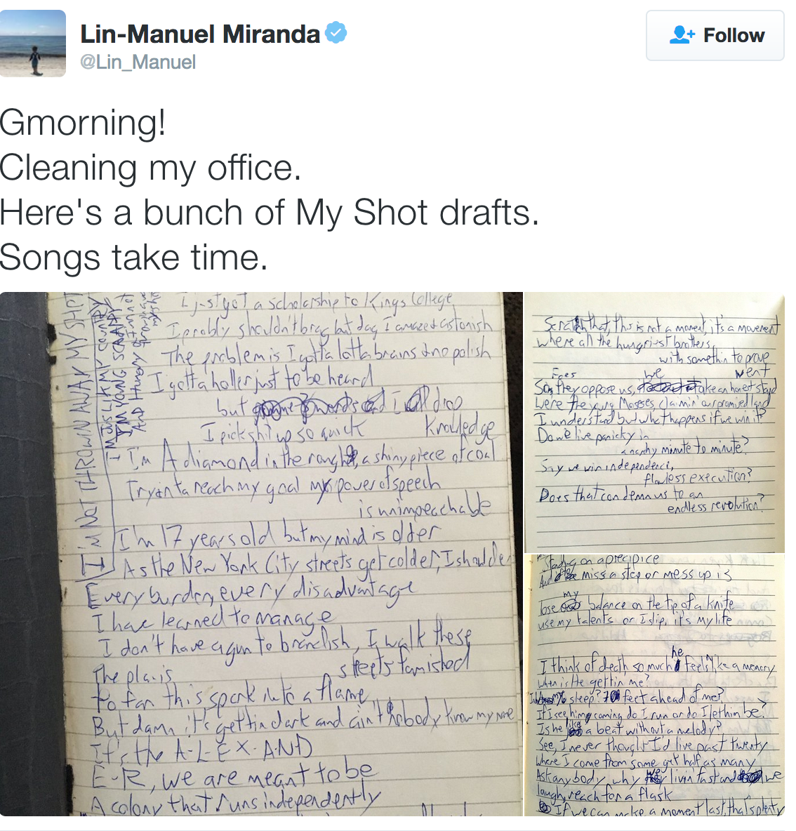 Creative process: edit in progress. Lin-Manuel Miranda's drafts for one song from his musical Hamilton