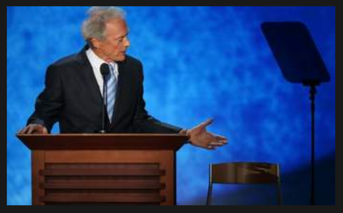 Actor Clint Eastwood addressing audience, empty chair at 2012 GOP Convention