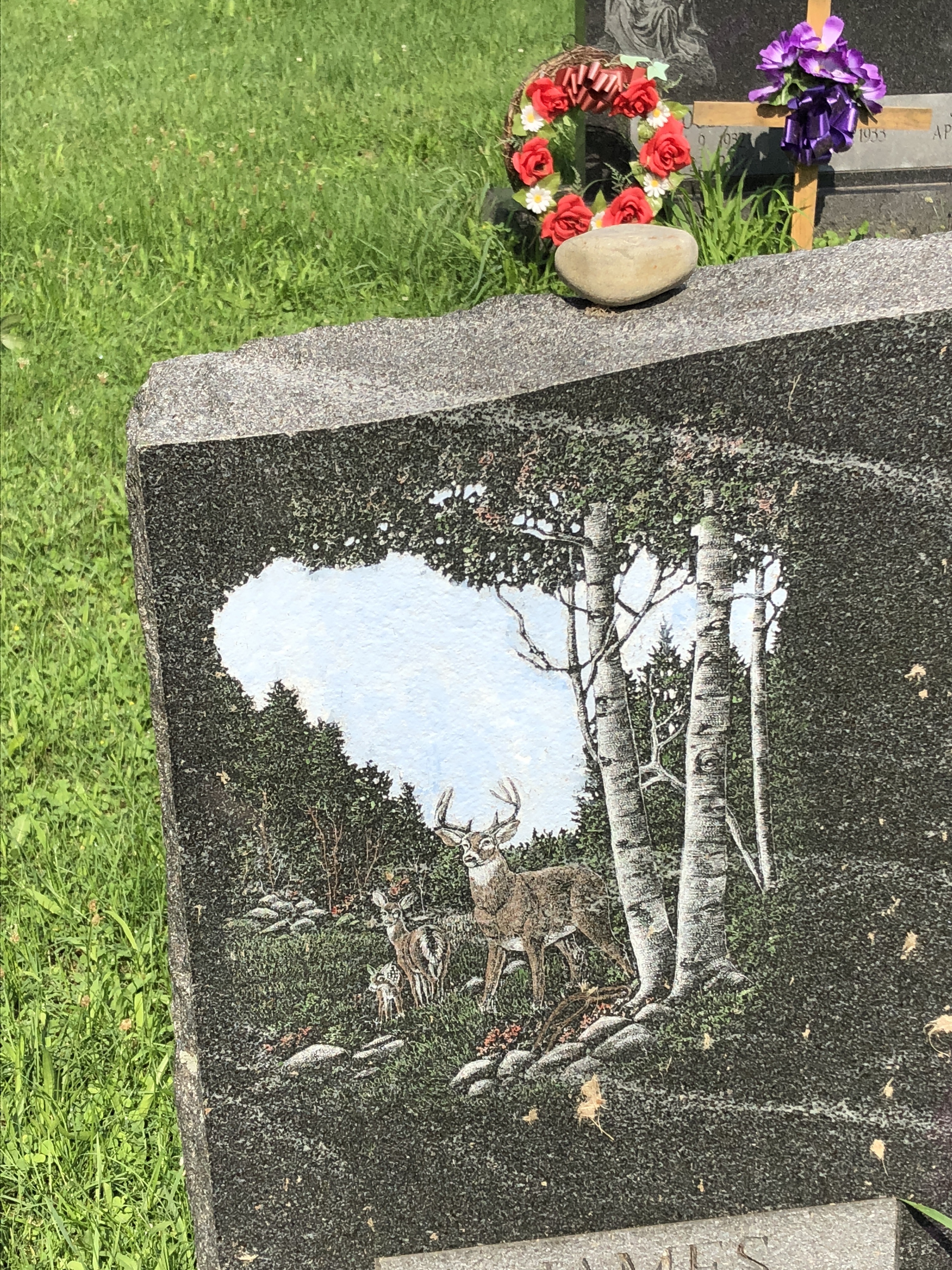details matter —headstone painting of deer in a forest